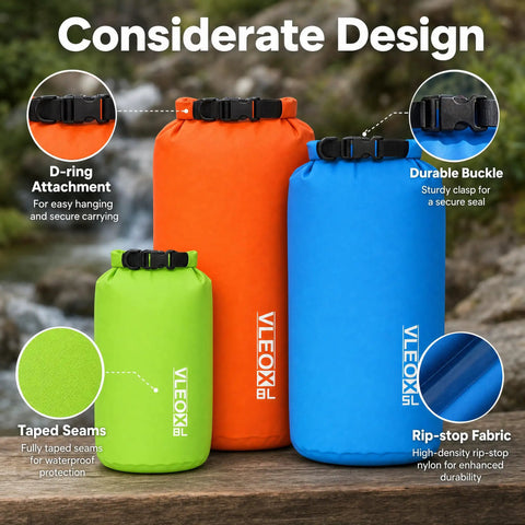 Ultralight Dry Bag Set With Roll Top Closure Waterproof Sacks For Hiking Camping Kayaking Showing 3Pack Sizes and Features