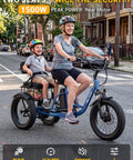 FAM01 Electric Tricycle For Adults With Basket And Two Seater Peak 1500W Motor 20 Inch Fat Tire Three Wheel E Bike 48V 18Ah Removable Battery Pedal Assist Rear Differential 75 Plus Mile Range, two riders on street
