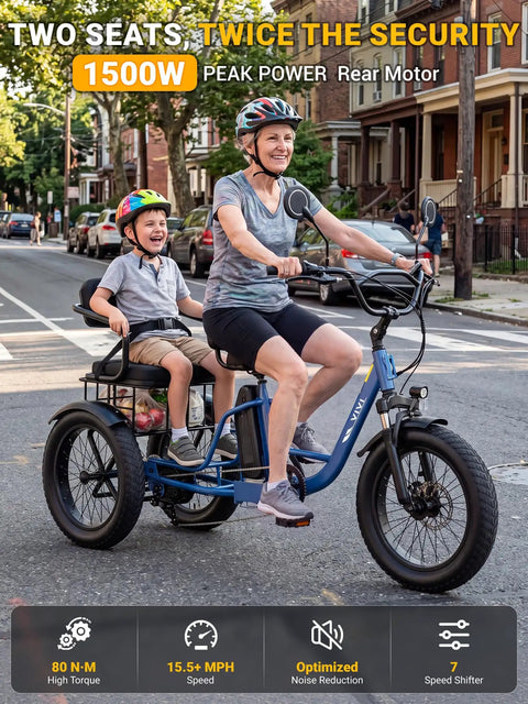 FAM01 Electric Tricycle For Adults With Basket And Two Seater Peak 1500W Motor 20 Inch Fat Tire Three Wheel E Bike 48V 18Ah Removable Battery Pedal Assist Rear Differential 75 Plus Mile Range, two riders on street