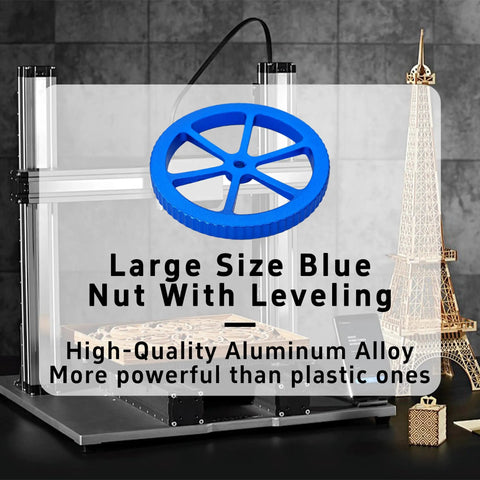 Large blue aluminum leveling nut from Tough Blue Aluminum Leveling Nuts Kit With Hot Bed Springs, M4 Screws, And Silicone Mounts.