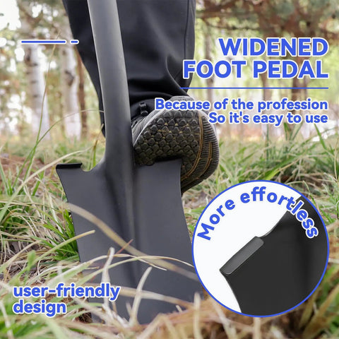 Close-up of foot pressing down on 45 inch blue Drain Spade Shovel with Fiberglass Handle Narrow Head Sharp Shooter Shovel for digging.