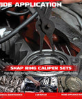 All Purpose Snap Ring Pliers Set For Automobiles, Lawn Mowers, And Farm Equipment demonstrating use on car engine assembly