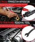 Close-up of automotive electrical connector separator and auto trim panel removal tool in use on car engine bay.