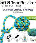 Tree Rope Bull Rope Static Rope Double Braided 16 Strand Half Inch Diameter 150 Foot Length 18 KN Load Capacity Pro Grade Climbing Rope For Tree Work Blue Black Yellow, showing coiled and knotted rope with product features.