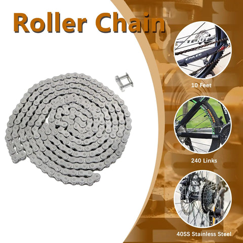 40SS Stainless Steel Roller Chain, 10 Feet With Connecting Links, 240 Links, coiled chain with linking hardware, industrial strength