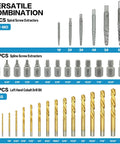 35 Piece Helical Screw Puller Kit With Left Hand Drill Bits And Multi Spline Pullers showing extractors and drill bits in various sizes.