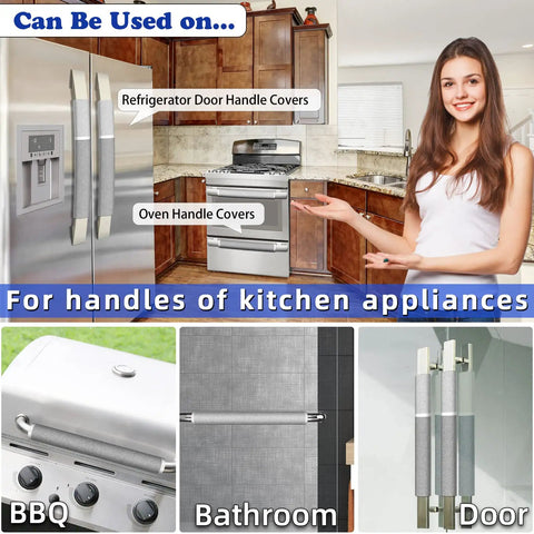 Refrigerator Door Handle Covers Set Of 4 Washable And Fade Resistant displayed on appliances in kitchen, BBQ, bathroom, and door.