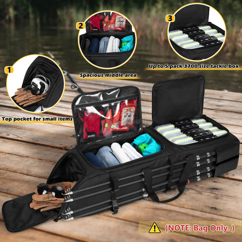 Rugged Fishing Backpack That Holds Eight Rods And Reels Tackle Box Ready Gear Bag With Two Large Compartments And One Small Zipper Pocket Durable Rod Case Tactical Molle System For Anglers On The Go on a wooden deck