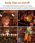 Heavy Duty Brick Hook Clips 4 Pack For Outdoor Hanging On Brick Walls Fits Queen Size Bricks 2.5 To 2.75 Inches No Drill No Nails Siding Hooks with various decorations including stockings, Halloween lights, an Easter sign, and corn.