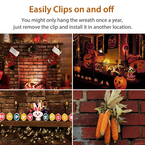 Heavy Duty Brick Hook Clips 4 Pack For Outdoor Hanging On Brick Walls Fits Queen Size Bricks 2.5 To 2.75 Inches No Drill No Nails Siding Hooks with various decorations including stockings, Halloween lights, an Easter sign, and corn.