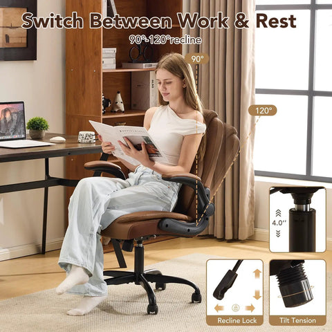 Brown Leather Home Office Desk Chair With Ergonomic Back Support, Swivel Wheels, Flip Up Armrests, Adjustable Rocking Function