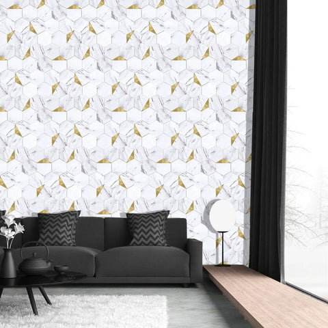 Thick 3mm Hexagon Peel And Stick Backsplash Tiles For Kitchen And Bathroom With Realistic Carrara White Marble Look And Metal Gold Accents Easy DIY Installation 10 Sheet Bundle on living room wall