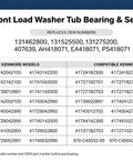 Front Load Washer Tub Bearing And Seal Kit with compatible Frigidaire and Kenmore model numbers for easy installation.
