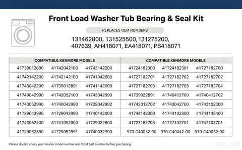 Front Load Washer Tub Bearing And Seal Kit with compatible Frigidaire and Kenmore model numbers for easy installation.