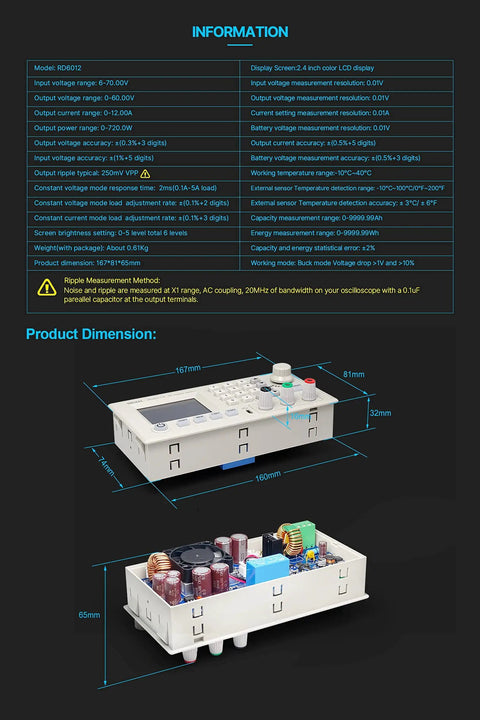 Diagram showing dimensions and components of 60V 12A DC DC Step Down Power Supply Kit With S800 Case And 800W PSU