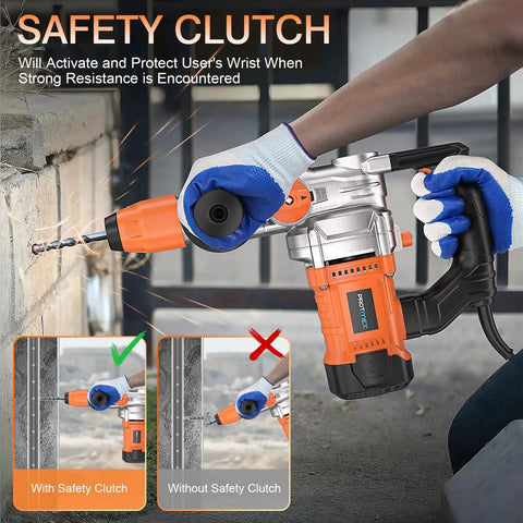 1-1/4 Inch SDS-Plus Heavy Duty Rotary Hammer Drill Workhorse with Safety Clutch and Vibration Control in action on concrete