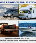 Collage of SUV, RV, pickup truck, and boat illustrating use of Must Have Universal 2.5 Inch Exhaust Clamp With Hanger Kit