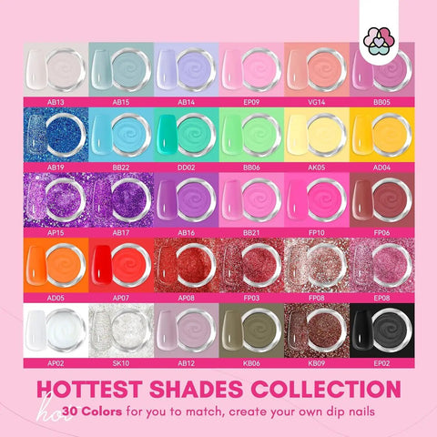 Dip Powder Nail Kit With Drill Starter Set For DIY Mani, 30 Colors Dip Powder Collection shades display in containers