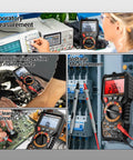Magnetic 20000 Count TRMS Digital Multimeter in use for lab, automotive, and voltage measurements, with DIY demo