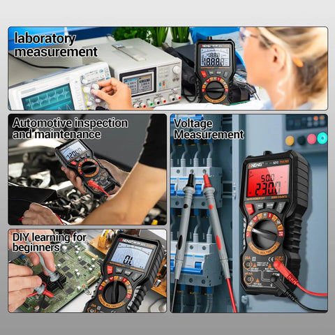 Magnetic 20000 Count TRMS Digital Multimeter in use for lab, automotive, and voltage measurements, with DIY demo
