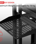 Heavy Duty Badass 19 Inch Server Rack Shelf And Universal 1U 2U Mounting Tray For IT Racks Featuring Gnarly Cross Ventilation Bottom Supporting Up To 110 Lbs Wall Mount Ready In Sleek Black Finish showing perforated shelf design.