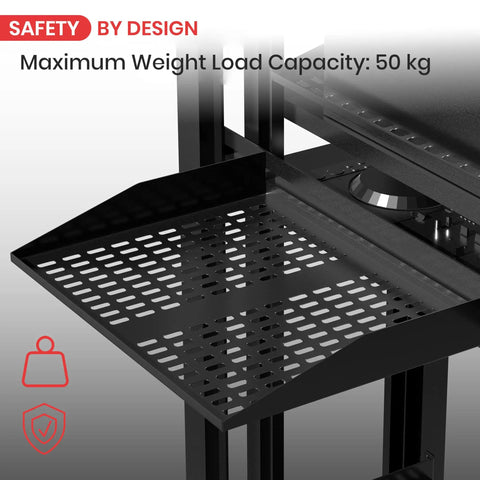 Heavy Duty Badass 19 Inch Server Rack Shelf And Universal 1U 2U Mounting Tray For IT Racks Featuring Gnarly Cross Ventilation Bottom Supporting Up To 110 Lbs Wall Mount Ready In Sleek Black Finish showing perforated shelf design.
