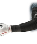 Built Different Cut Resistant Arm Sleeves 16 Inch Wide Heavy Duty Safety Work Sleeves For Rough Tasks Rock Solid Mechanical Protection No Sweat Comfort 50 Pack ANSI A3 Certified with white gloves and black sleeves.