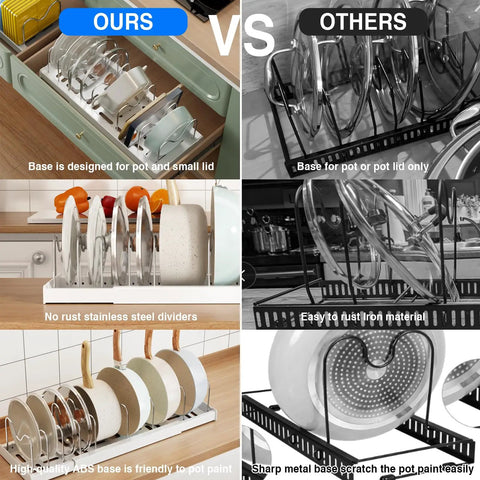 Expandable Two Pack Under Cabinet Pots And Pans Organizer with 9 Adjustable Dividers vs other lid racks in kitchen