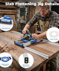 Man using Router Sled For Flattening Slabs And Live Edge Boards Adjustable Aluminum Slab Flattening Jig 50 Inches on wooden slab