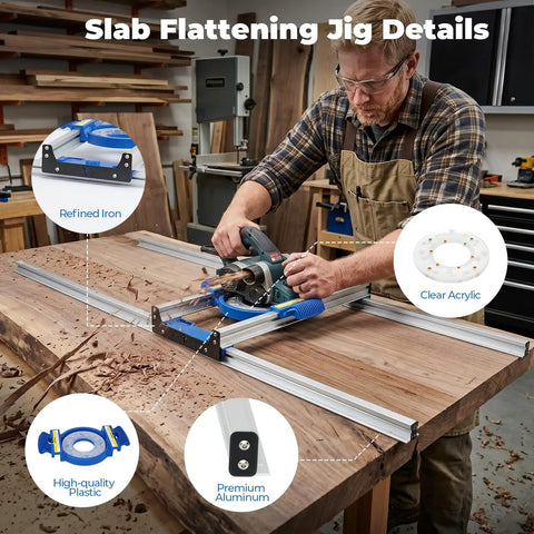 Man using Router Sled For Flattening Slabs And Live Edge Boards Adjustable Aluminum Slab Flattening Jig 50 Inches on wooden slab