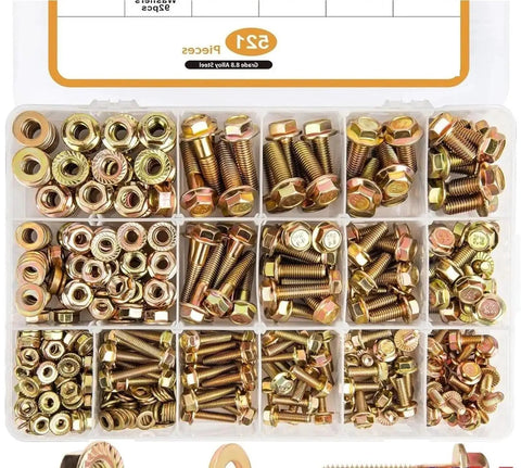 521Pcs Metric Class 8 8 Serrated Hex Cap Flange Bolts Kit in organizer box, anti-slip teeth visible, arranged by size