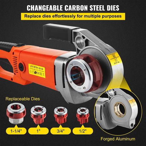 VEVOR 2300W Electric Pipe Threader Machine With Four Dies For 1/2 To 1 1/4 Inch Pipes showcasing changeable carbon steel dies.