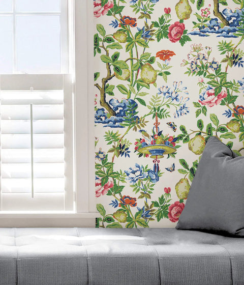 Scalamandre Multicolor Bloom Shantung Garden Peel And Stick Wallpaper Removable Wallpaper Floral Chinoiserie Pattern For Easy Install Repositionable No Residue Safe For Walls 20.87 In X 18 Ft