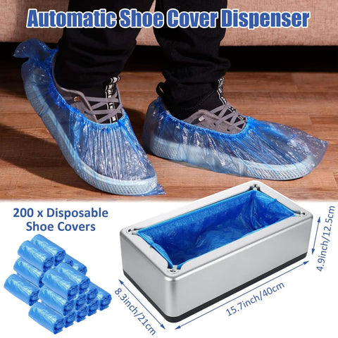 Automatic Shoe Cover Dispenser Featuring 200 Disposable Non Slip Shoe Covers, measuring 15.7x8.3x4.9 inches, used for indoor hygiene.
