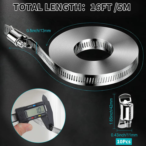 DIY Heavy Duty Adjustable Hose Clamp Kit 16 Ft With 304 Stainless Steel Clamps Strap And 10 Fasteners displayed in detail