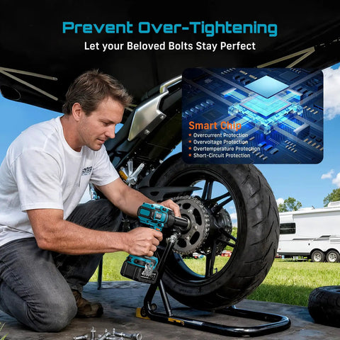 Impact Wrench With 886 Ft Lbs Loosening Torque 1200 Nm Half Inch Drive Cordless 21V used on motorcycle wheel outdoors