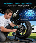 Person using Heavy Duty Half Inch Brushless Impact Wrench Brings The Beast Mode With 886 Ft Lbs Torque And 2400 Rpm on a motorcycle tire.