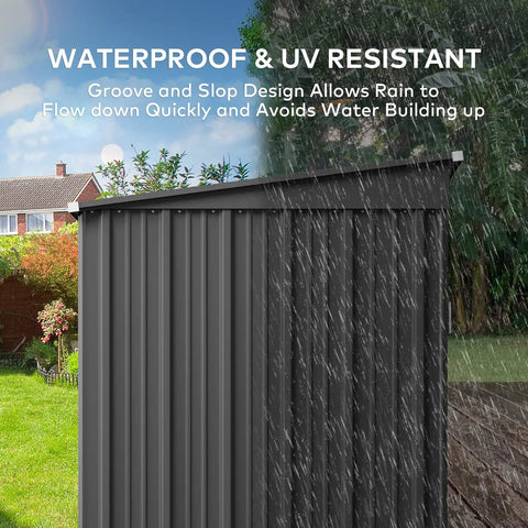 Spacious 6 By 4 Outdoor Storage Shed With Double Lockable Doors Anti Corrosion Metal Construction in rain showing waterproof design.