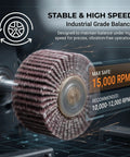 10 Pack 1 3 Eighth Inch Flap Wheel Sander 80 Grit for drill, rotating at high speed with industrial grade balance indicator.