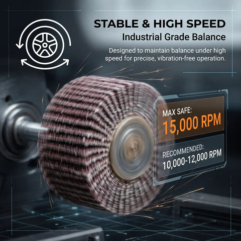 10 Pack 1 3 Eighth Inch Flap Wheel Sander 80 Grit for drill, rotating at high speed with industrial grade balance indicator.