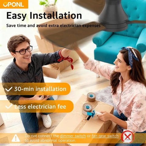 Couple installing 42 Inch Black Ceiling Fan With Light And Remote Control in living room, showing easy assembly.