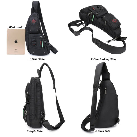 Dope Ultra Lightweight Sling Bag For Men And Women Crossbody showing front, overlooking, right, and back views with secure pockets