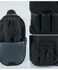 Back view of Rugged Rolling Tool Backpack With Wheels 26 Pocket Organizer For Electricians Carpenters HVAC And Welders Built To Last In Durable 600D Polyester Worksite Ready On The Go, showing straps and pocket details.
