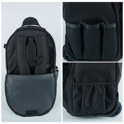 Back view of Rugged Rolling Tool Backpack With Wheels 26 Pocket Organizer For Electricians Carpenters HVAC And Welders Built To Last In Durable 600D Polyester Worksite Ready On The Go, showing straps and pocket details.