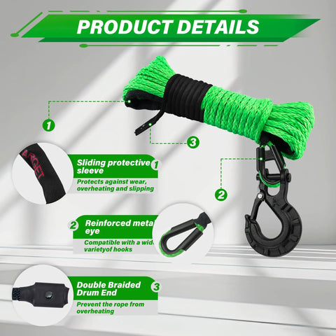 Synthetic Winch Rope Kit One Quarter Inch By Fifty Foot With Ten Thousand Pounds Strength Protective Sleeve and Hook
