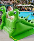 98 Inch Giant Inflatable Pool Slide For Kids And Adults with Dinosaur Theme, shown by a pool with child sitting and sliding surface visible.