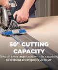 Front view of Kreg KMA2700 Accu-Cut circular saw track on a wood work surface; blue base with aluminum guide rail.