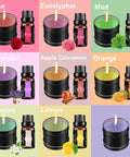 Colorful aromatic candles and essential oils for DIY, featuring scents like lavender, mint, jasmine, and apple cinnamon.