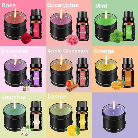 Colorful aromatic candles and essential oils for DIY, featuring scents like lavender, mint, jasmine, and apple cinnamon.