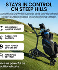 Top Shelf GPS Electric Golf Push Cart With Remote Control And Precise Yardage Tracking Across Forty Thousand Courses Featuring 2D And 3D Maps Shot Planner Tools Built For A Clubhouse Ready Frame Designed For A Smooth Operator Run On The Green on steep terrain.